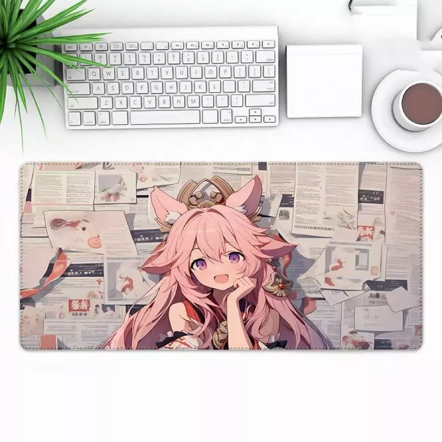 แผ่นรองเมาส์ ลายการ์ตูนผู้หญิงผมสีชมพู ขนาดใหญ่ วางเต็มโต๊ะ ขนาด หนา 3 mm