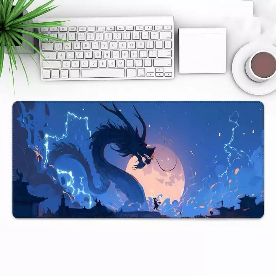 แผ่นรองเมาส์ สีดำล้วน ลายมังกร-ดวงจันทร์ ขนาดใหญ่ วางเต็มโต๊ะ ขนาด หนา 3 mm