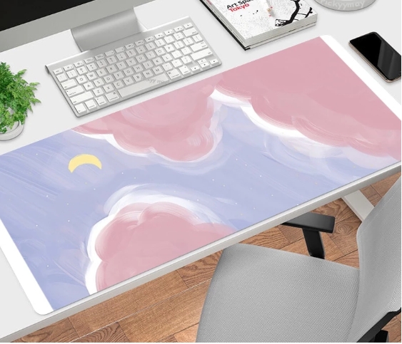 Kawaii แผ่นรองเมาส์ HD พิมพ์ลายน่ารัก ท้องฟ้าสีม่วงพาสเทล สําหรับเล่นเกม