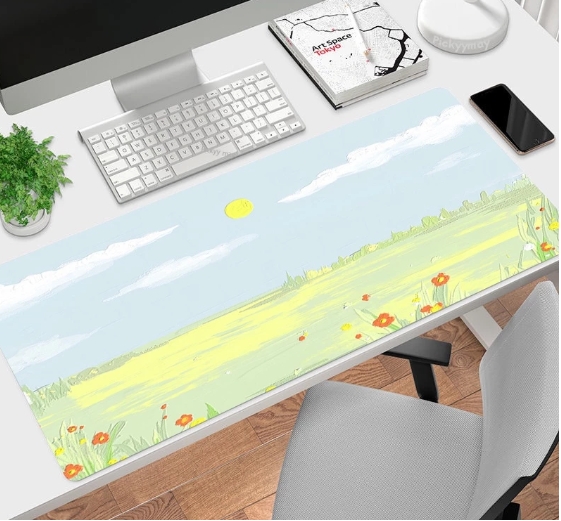 Kawaii แผ่นรองเมาส์ HD พิมพ์ลายน่ารัก ทุ่งหญ้าท้องฟ้าสีเขียว สําหรับเล่นเกม