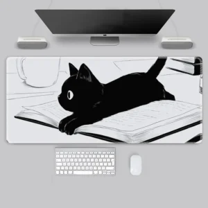 แผ่นรองเมาส์ / Desk Mat แผ่นใหญ่ Gaming Mousepad รูปแมวดำพื้นสีขาว